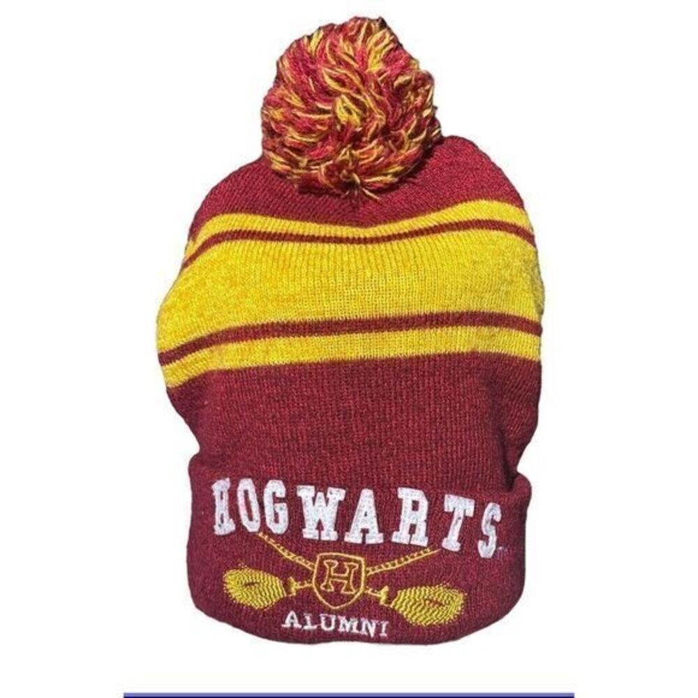 Harry Potter Hogwarts Alumni Beanie Knit Hap Cap Striped Pom Pom One Size Fleece